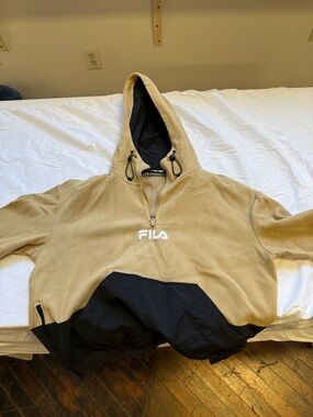 FILA Tan and Black Half-Zip Hooded Fleece Pullover